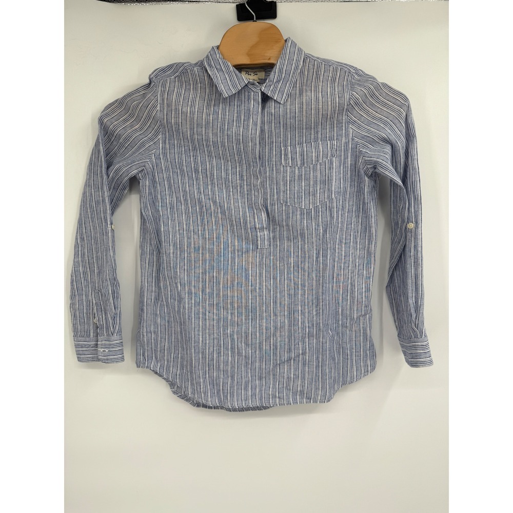 Per Se Linen Blend Striped Tunic Blouse   Long sleeve Buttons Sz‎ M Blue White